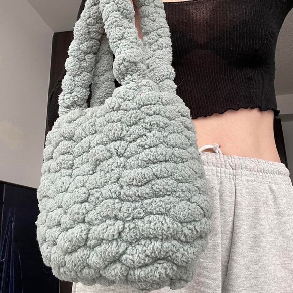fluffy sage green crocheted mini bag - Picture 3 of 4